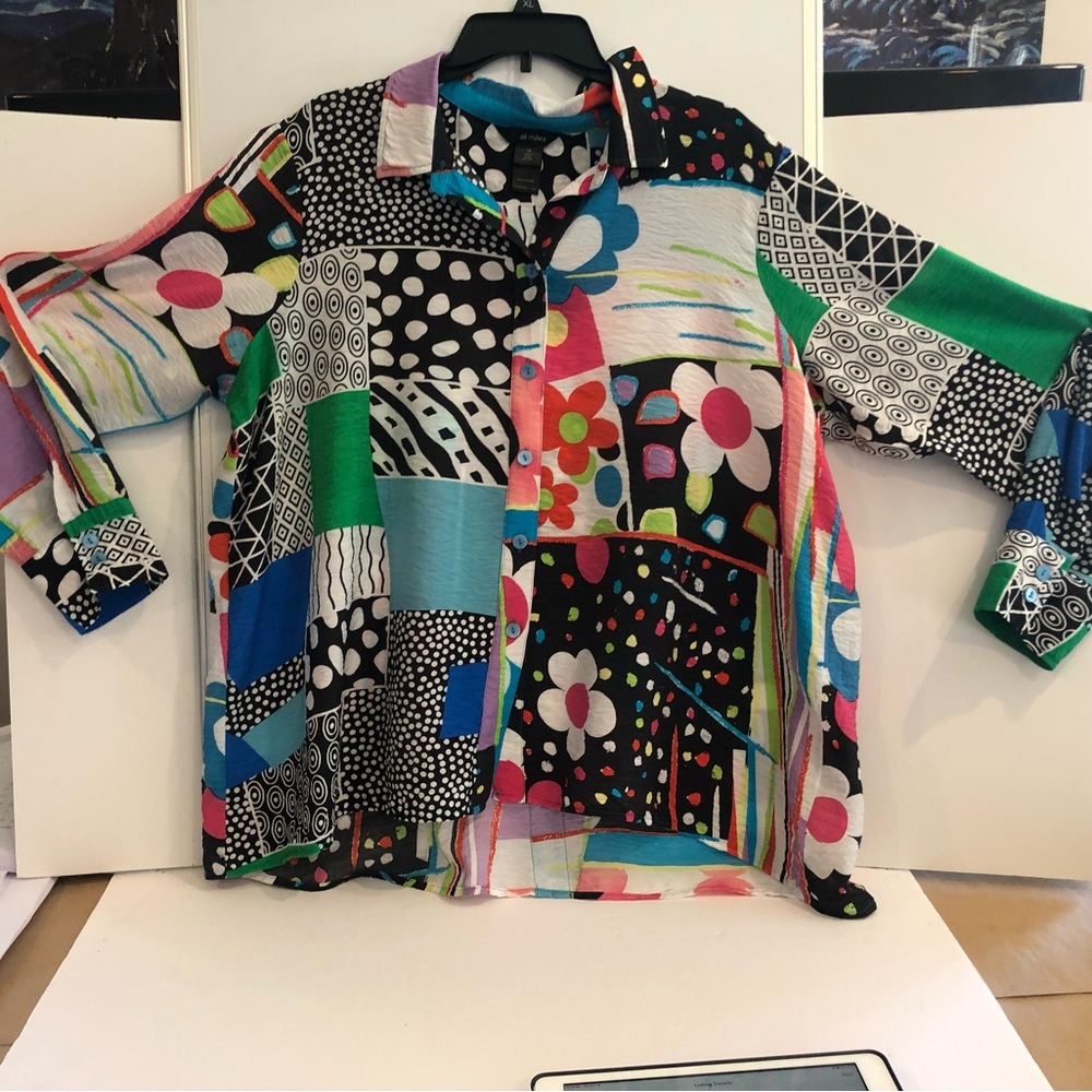 Ali Miles Multicolor Patchwork Button-Up Top